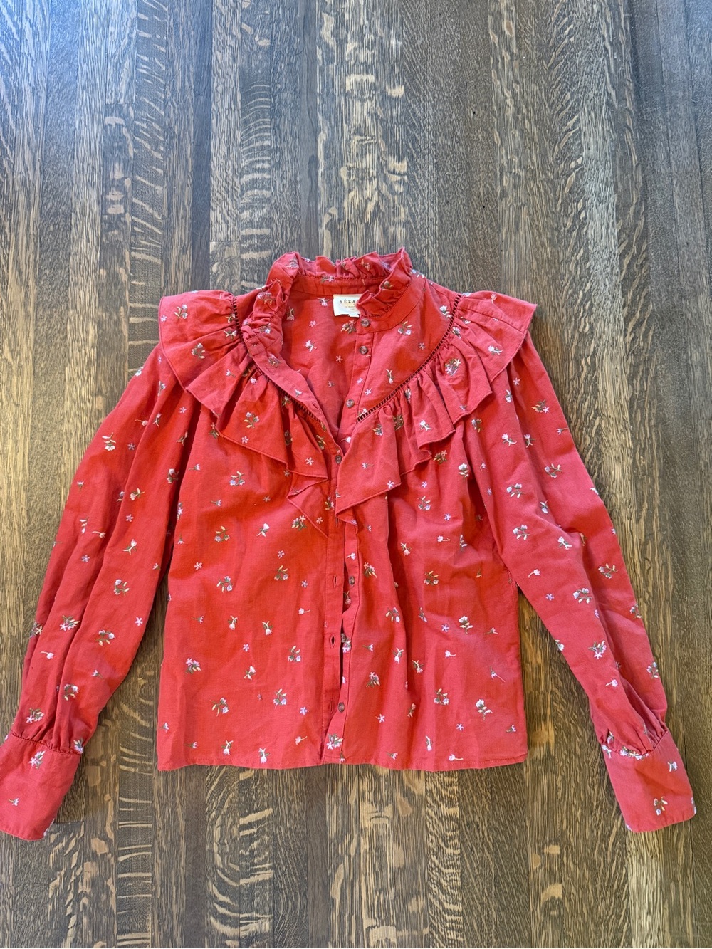 Sezane Fares Embroidered Ruffled Blouse- size 34